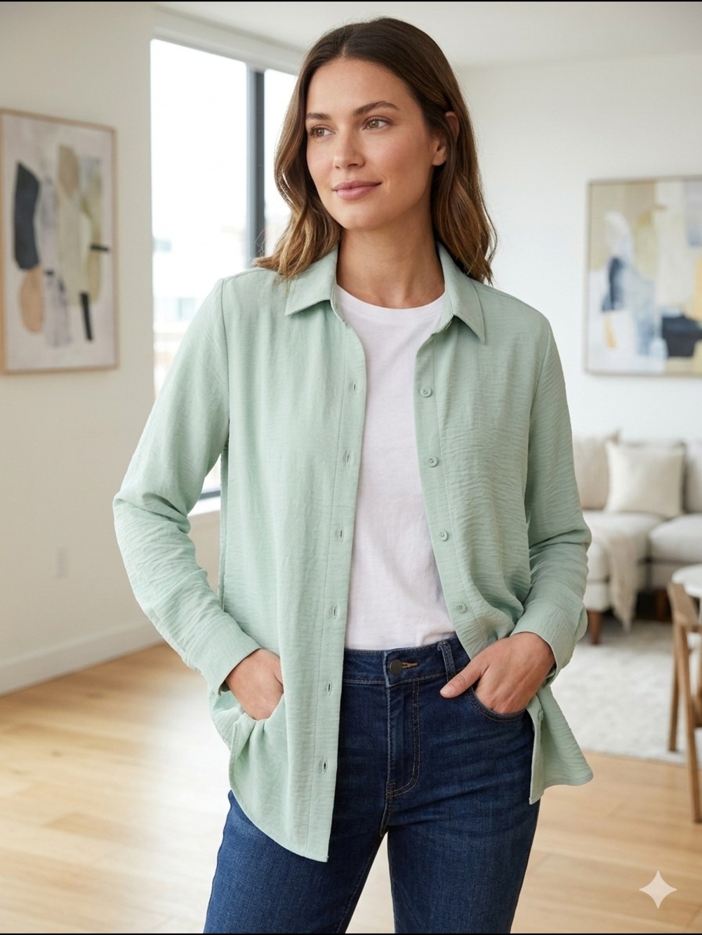 Ultra Flirt Sage Green Button-Front Shirt